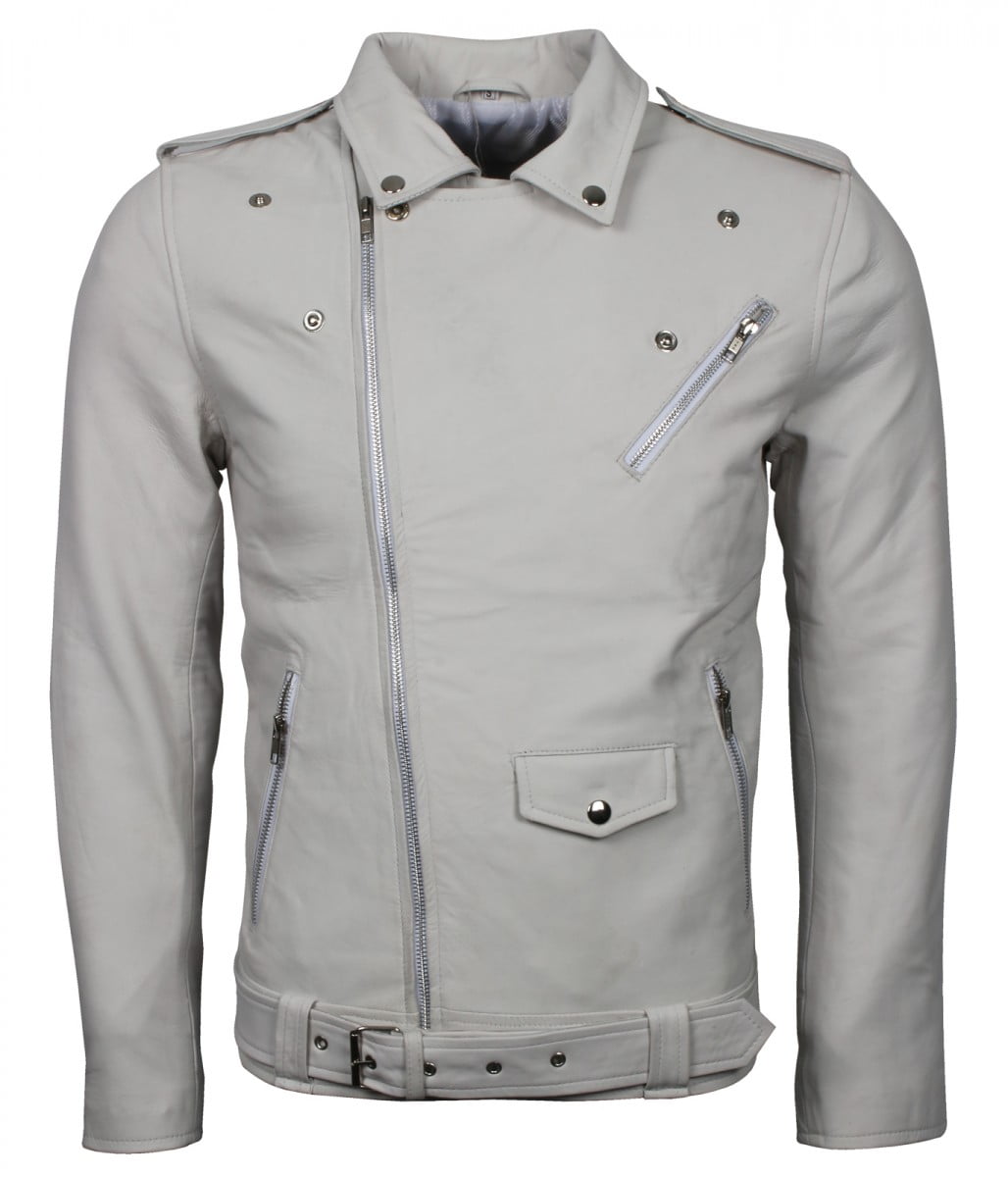 Mens Classic Brando Biker White Leather Jacket Real Leather Jackets