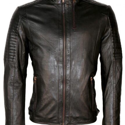 Stand Up Collar Black Biker Leather Jacket