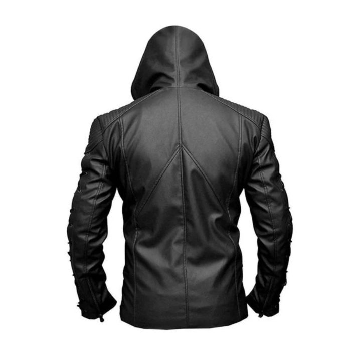 Arrow Season 6 Black Hooded Biker Leather Jacket Costume