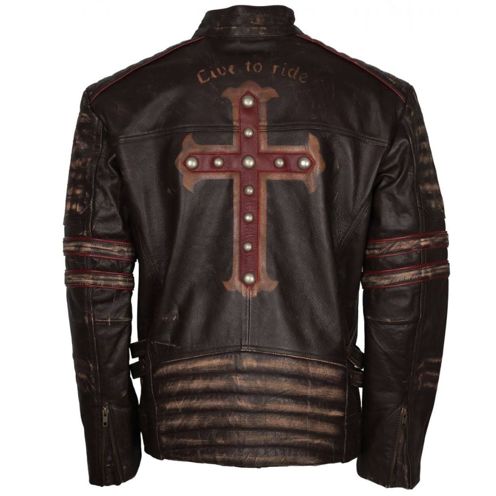 Christ Cross Brown Motorcycle Leather Jacket