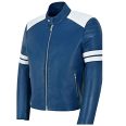Luxurious White Stripe Blue Leather Jacket