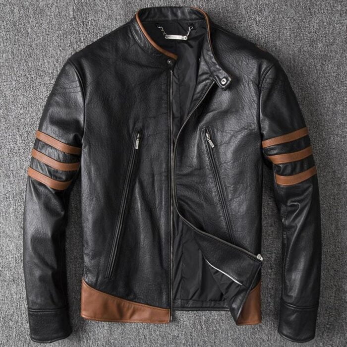 X-men Striped Inspired Black Biker Leather Jacket Costume