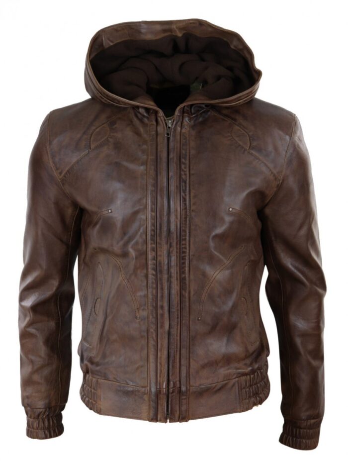 Men's Hooded Brown Leather Bomber Jacket