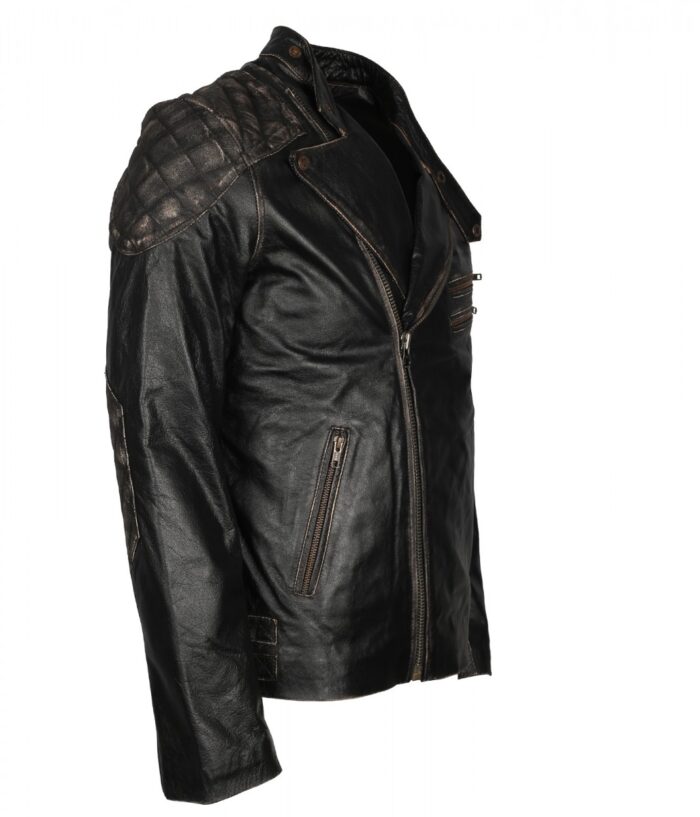 smzk 3005 Men Skull Embossed Vintage Distressed Biker Black Motorcycle Leather Jacket mens wear