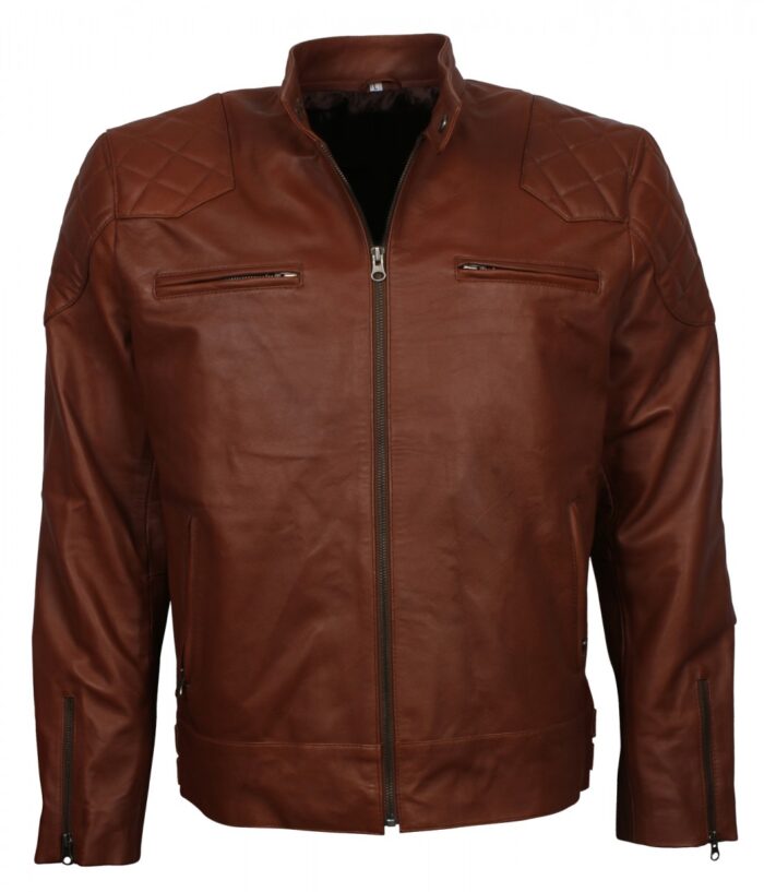 smzk 3005 Mens Brown Designer Bomber Quilted Leather Jacket 2