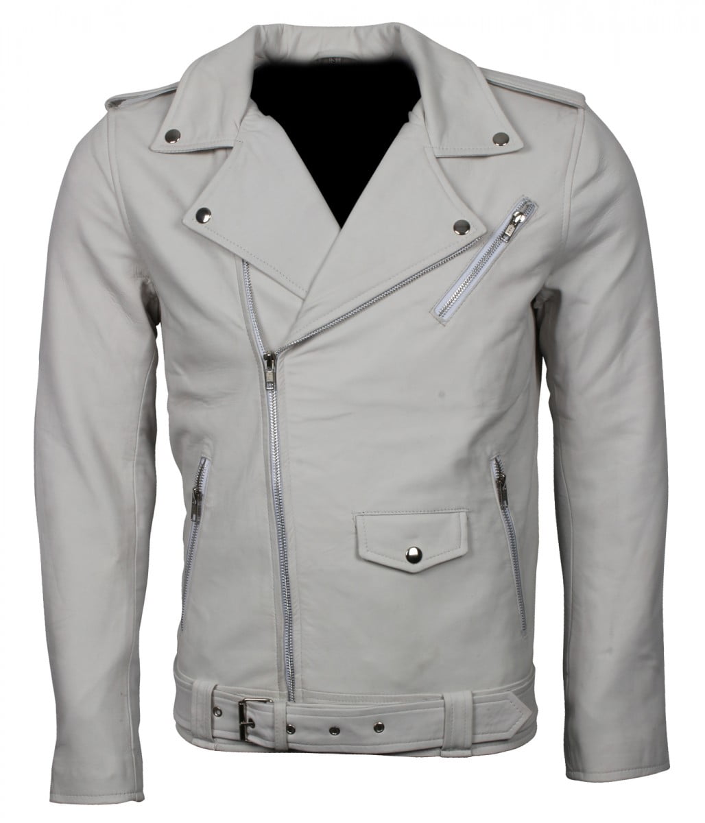 Mens Classic Brando Biker White Leather Jacket Real Leather Jackets