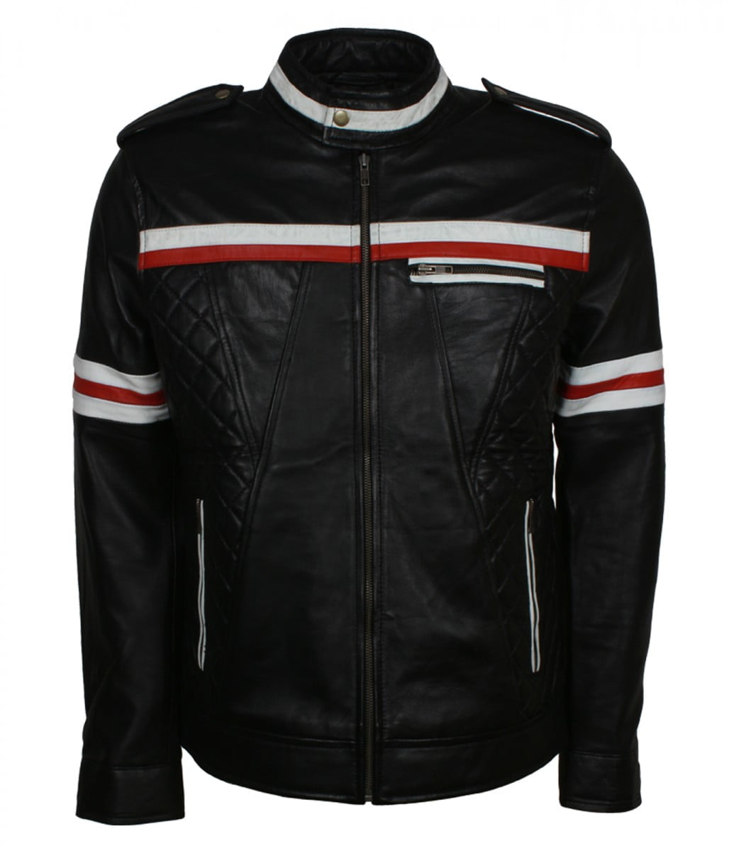 Red Striped Black Motorcyle Leather Jacket - Real Leather Jackets