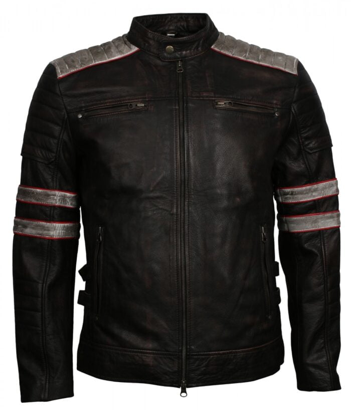 smzk 3005 Retro Mens Black Stripe Biker Leather Jacket