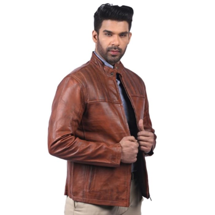 Men's Tan Biker Padded Motorcycle Leather Jacket