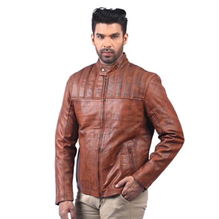 Men's Tan Biker Padded Motorcycle Leather Jacket