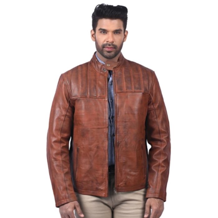 Men's Tan Biker Padded Motorcycle Leather Jacket