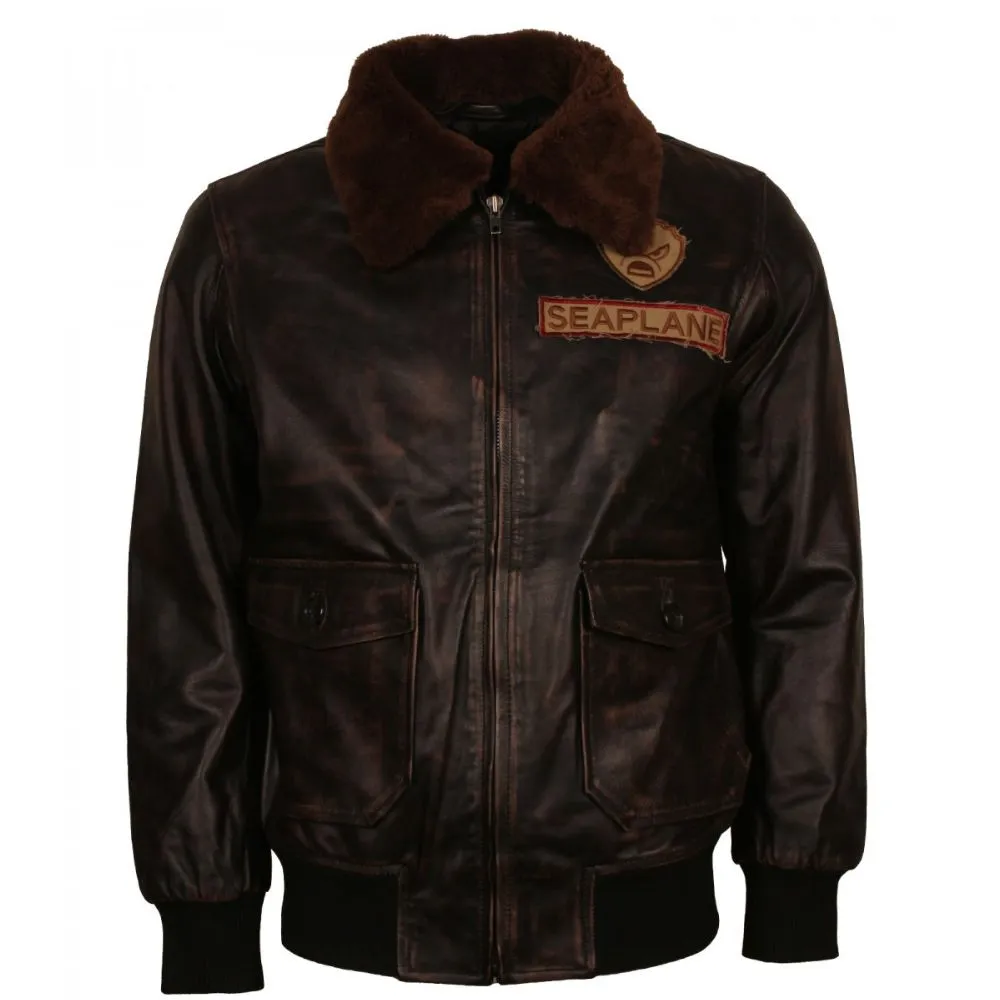 A3 Seaplane Aviator Bomber Fur Collar Brown Leather Jacket front