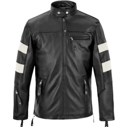 Black & White Keanu Reeves Men’s Stripes Leather Jacket front 2