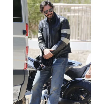 Black & White Keanu Reeves Men’s Stripes Leather Jacket front
