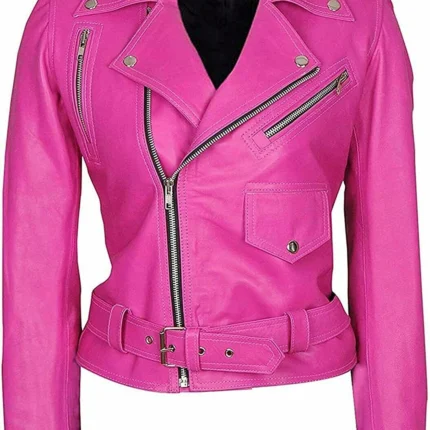 Jessica Alba Pink Leather Jacket front