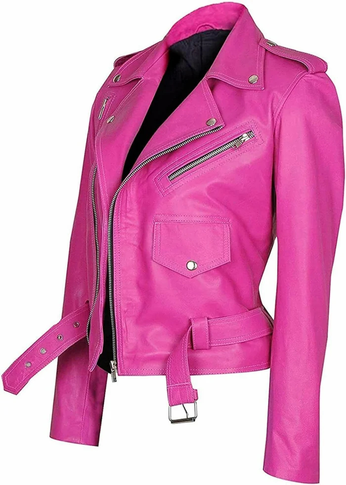 Jessica Alba Pink Leather Jacket side 2