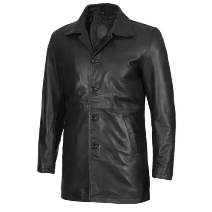 Men’s Premium 3,4 Length Black Leather Coat front 2