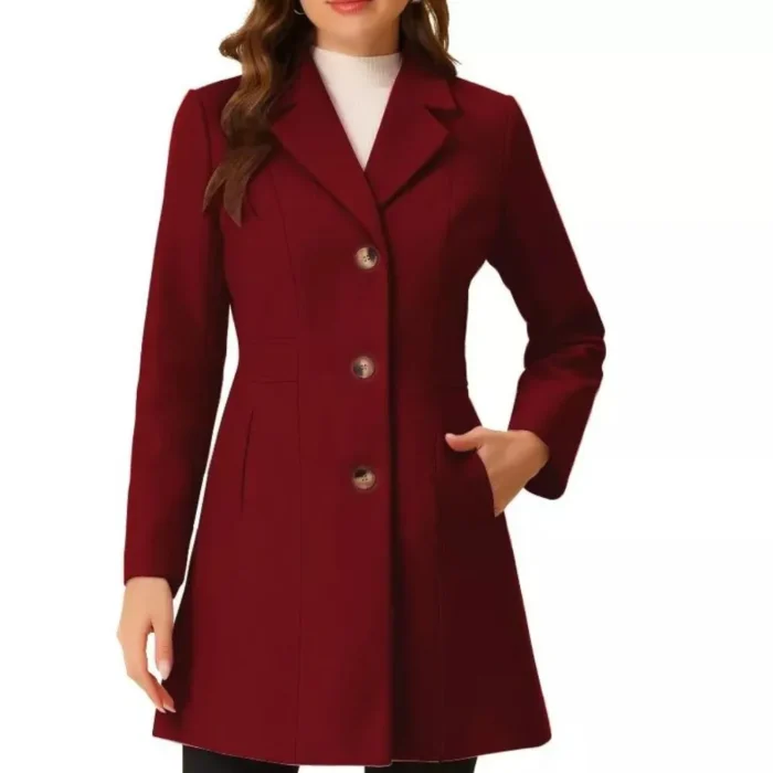 Women's Single Breasted Red Wool Coat