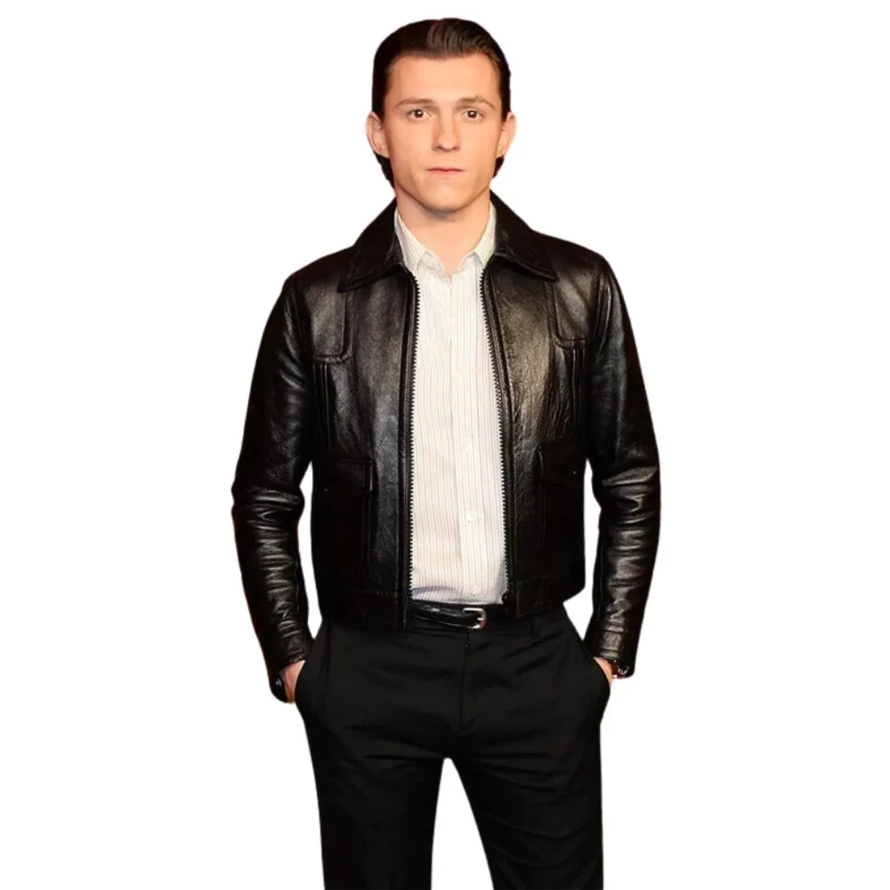 Tom Holland Uncharted Nathan Drake Black Leather Jacket