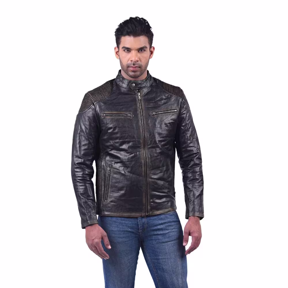 Men's Textured Black Leather Biker Jacket