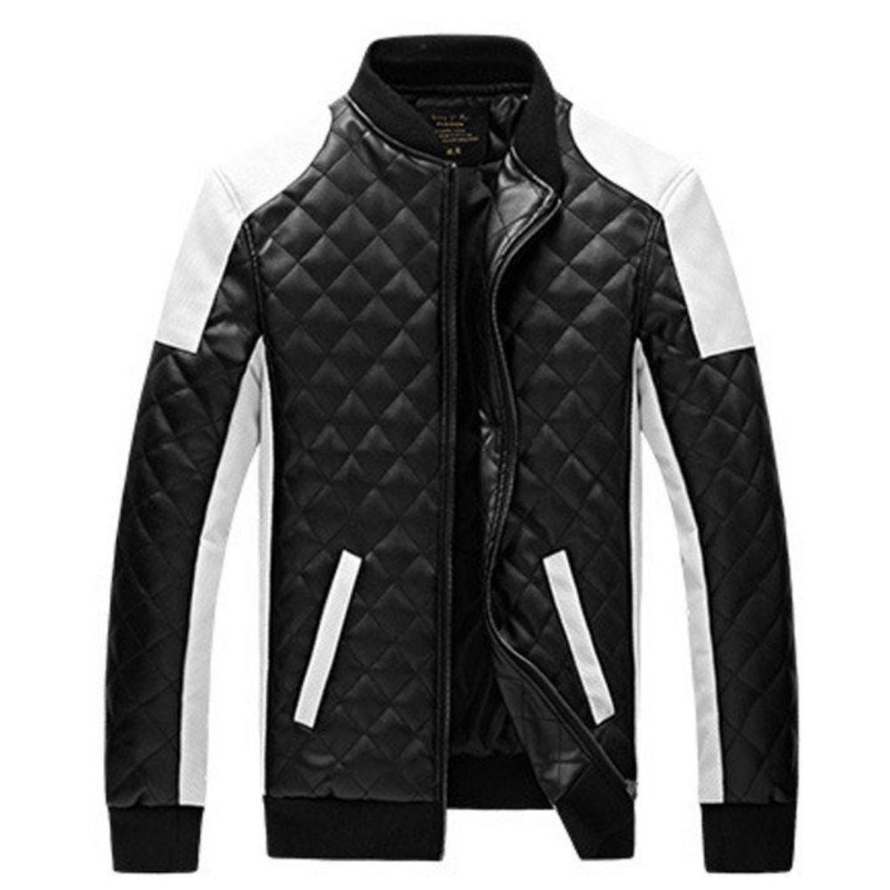 Men's White Quilted Black Trim Leather Bomber Jacket
