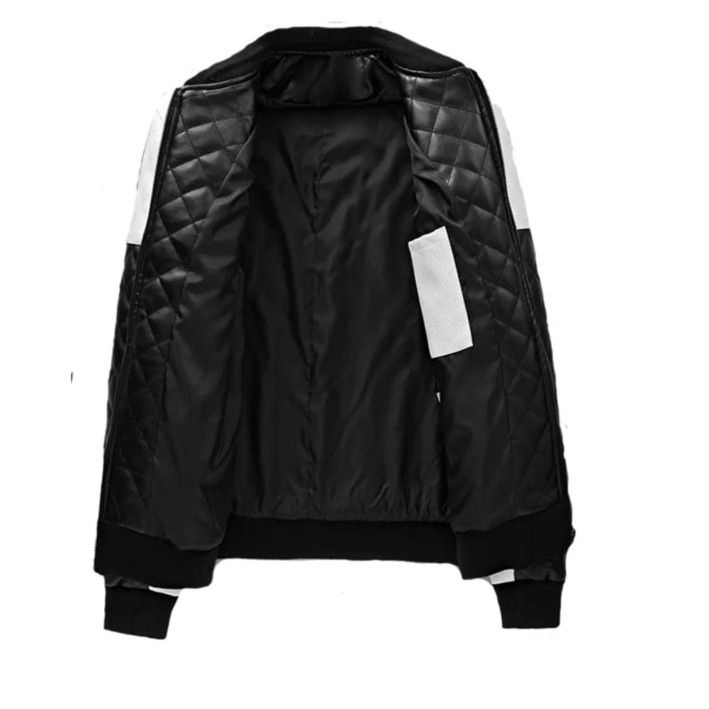 Men's White Quilted  Black Trim Leather Bomber Jacket