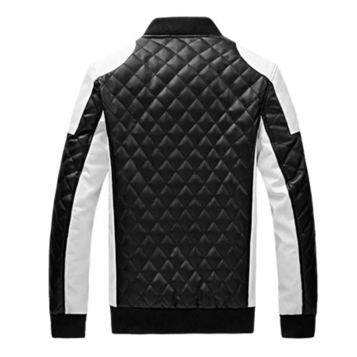 Men's White Quilted  Black Trim Leather Bomber Jacket