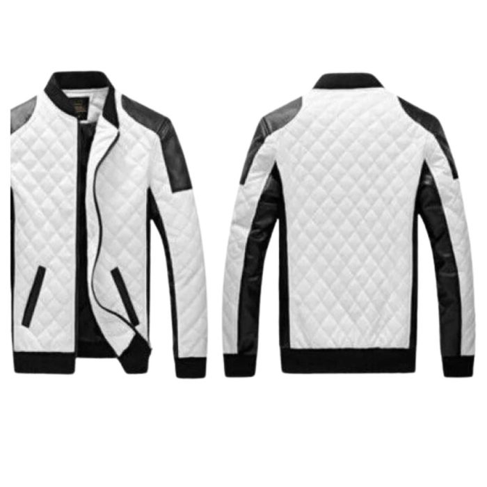Men's White Quilted  Black Trim Leather Bomber Jacket