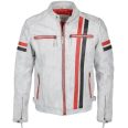 Men's White and Red Striped Leather Biker Jacket