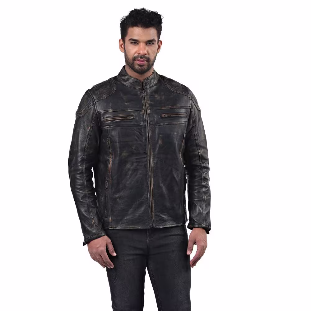Men's Vintage Black Leather Biker Jacket
