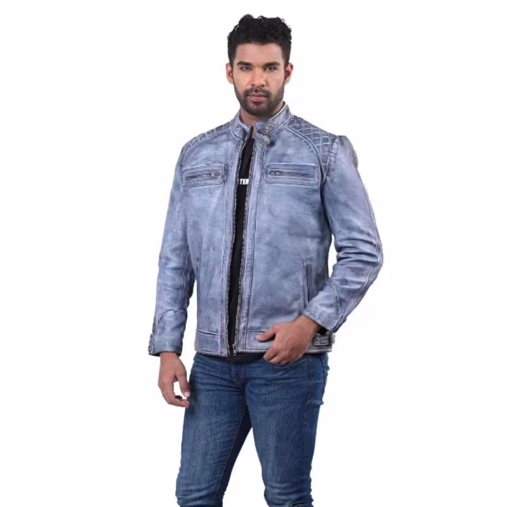 Men's Vintage Blue Leather Biker Jacket