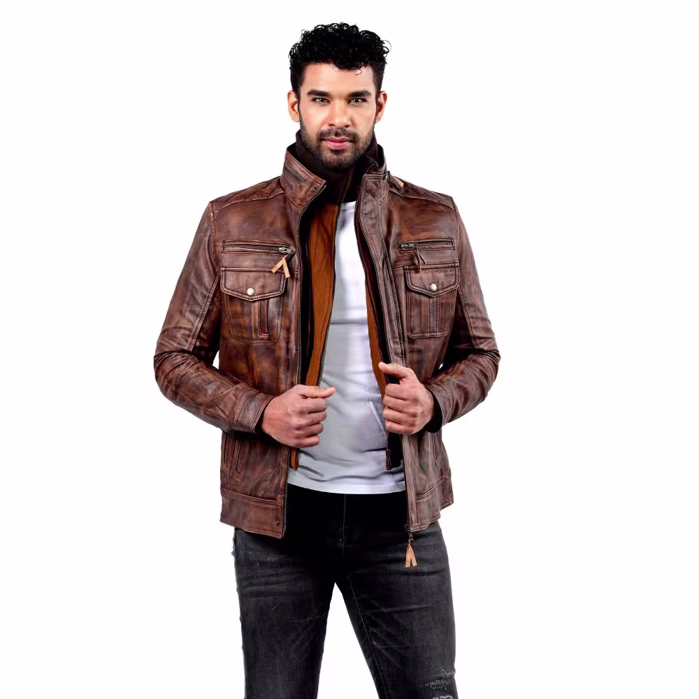 Men's Vintage Waxed Brown Biker Leather Jacket