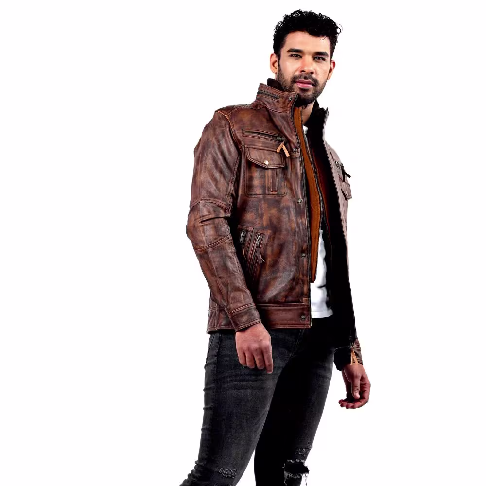 Men's Vintage Waxed Brown Biker Leather Jacket