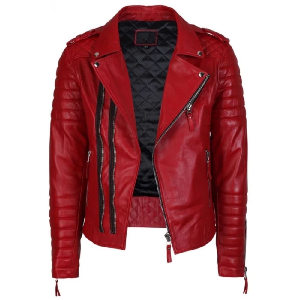 Rugged Men's Red Quilted Leather Motorcycle Jacket