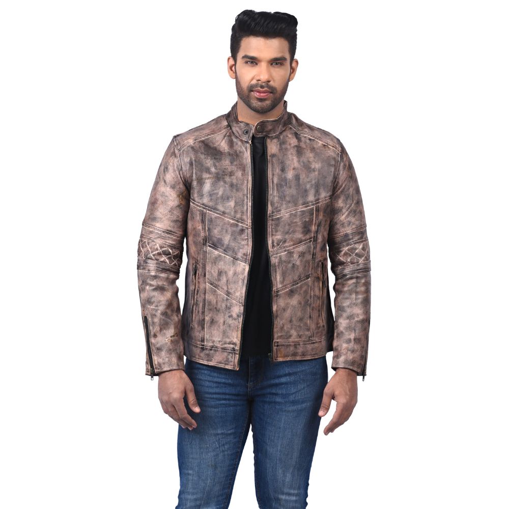 Vintage Distressed Leather Cafe Racer Jacket