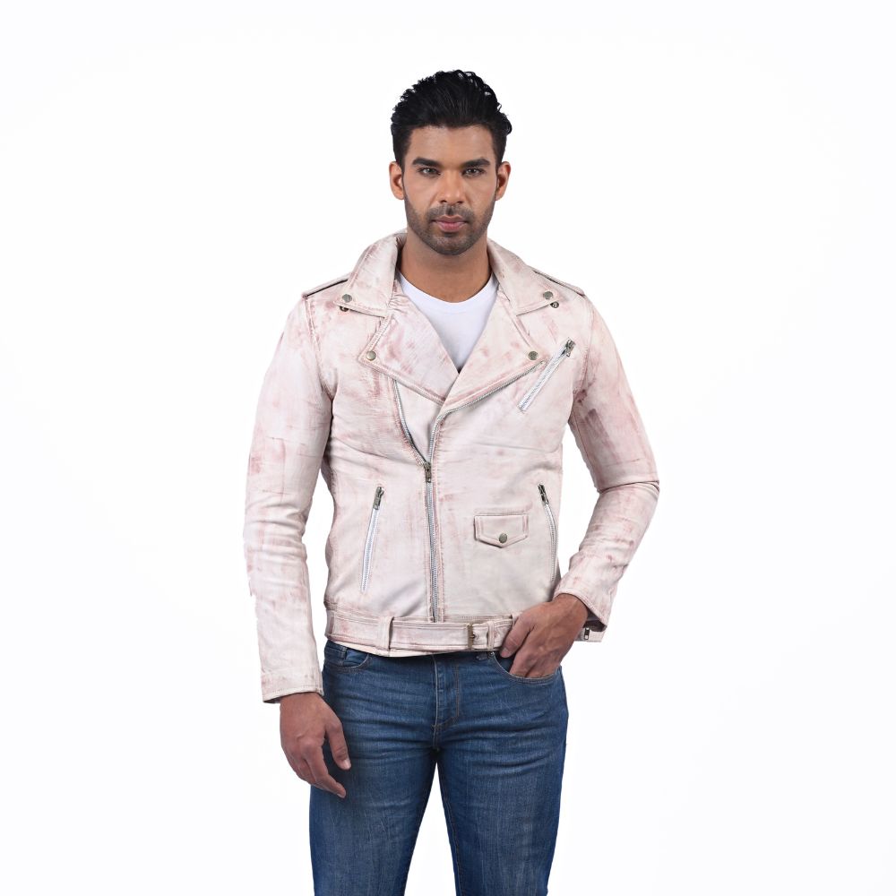 Vintage Washed Pink Leather Biker Jacket