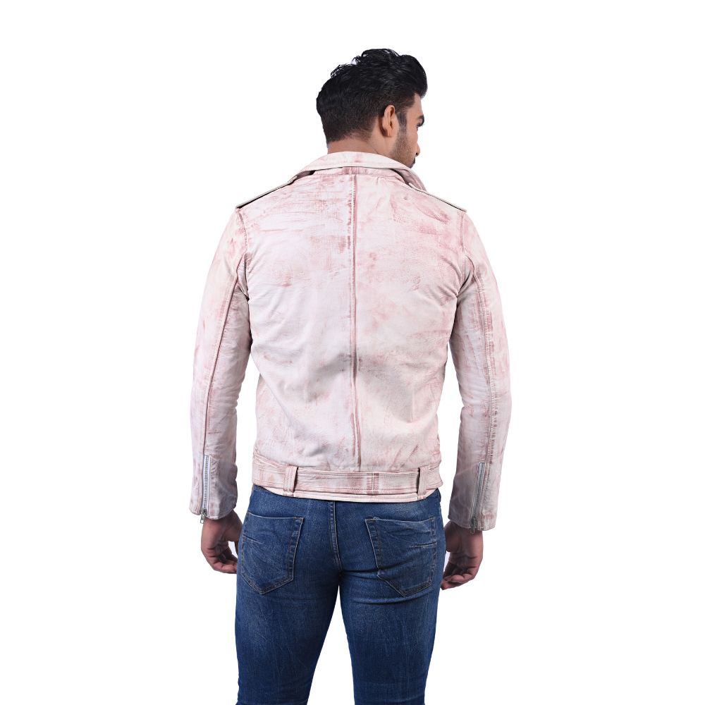 Vintage Washed Pink Leather Biker Jacket