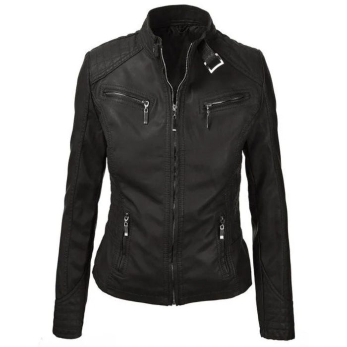 Women's Durable Black Moto Buckle Detailed Jacket