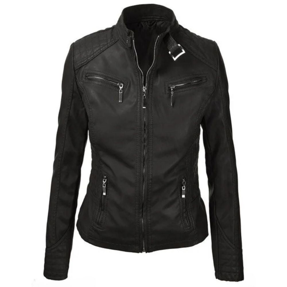 Women's Durable Black Moto Buckle Detailed Jacket
