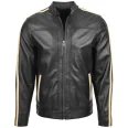 Men Black Leather Racing Stripes Biker Jacket