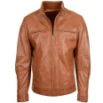 Men Tan Ribbed Collar Biker Leather Jacket