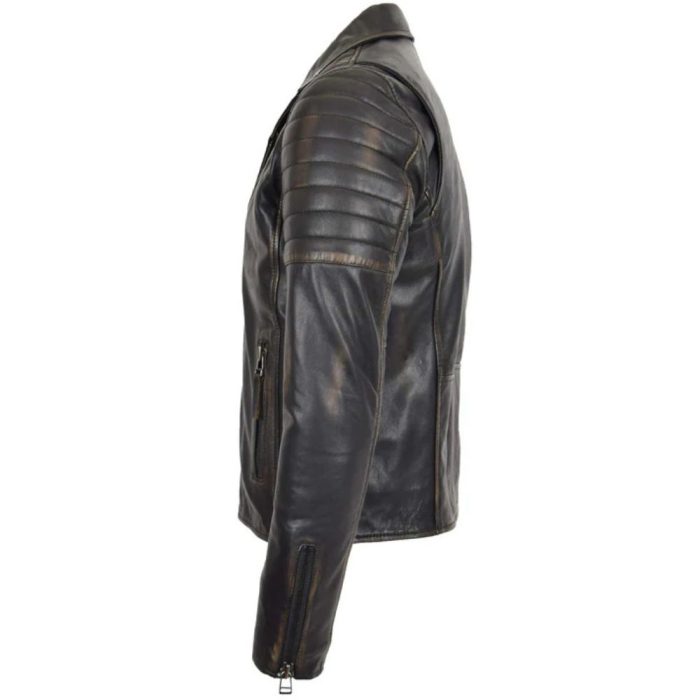 Mens Biker Rub Off Dual Zip Leather Jacket