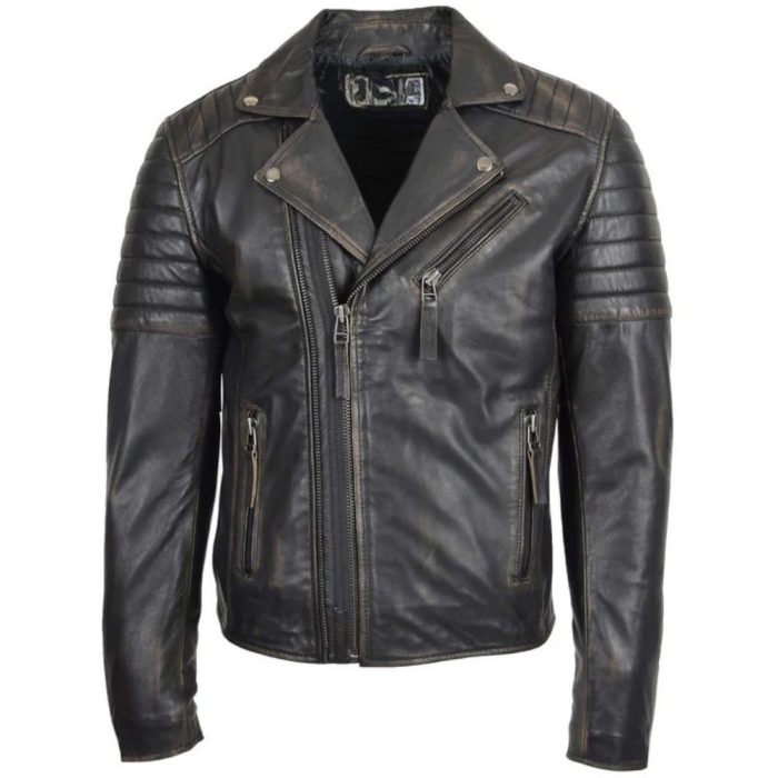 Mens Biker Rub Off Dual Zip Leather Jacket