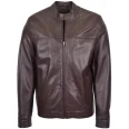 Mens Brown Leather Standing Collar Biker Jacket