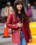 Dakota Johnson Madame Web Maroon Leather Coat