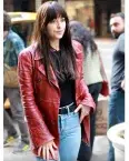 Dakota Johnson Madame Web Maroon Leather Coat