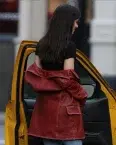 Dakota Johnson Madame Web Maroon Leather Coat