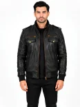 Men’s Flap Pockets Military Style Leather Jacket