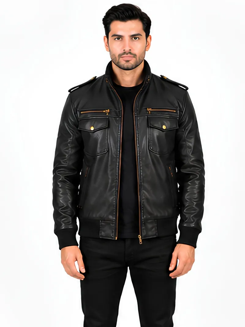 Men’s Flap Pockets Military Style Leather Jacket