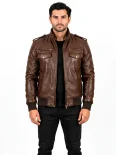 Men’s Flap Pockets Military Style Leather Jacket